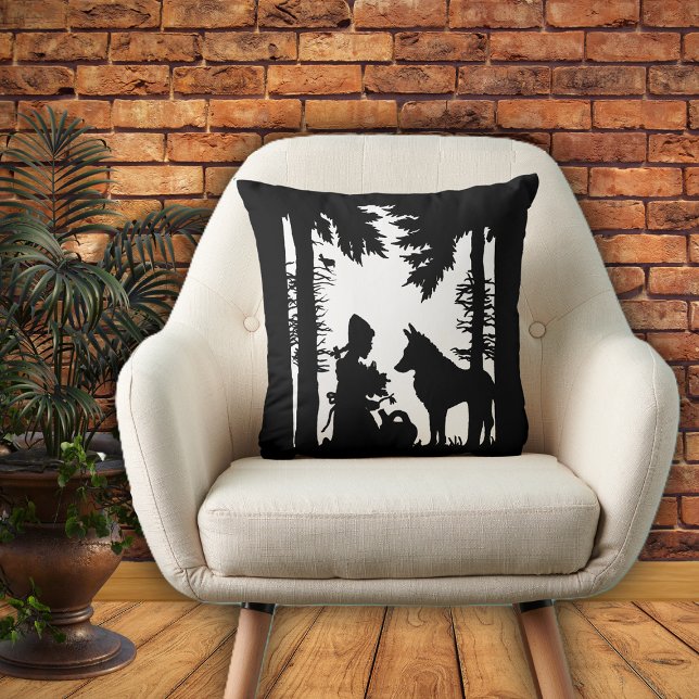 Riding Hood Watering Can Flowers wolf Forest Throw Pillow (Black white decorative pillow with red riding hood in the forest under trees with the wolf.)