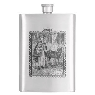 Riding Hood Wolf Fairy Tale Black White Framed Hip Flask