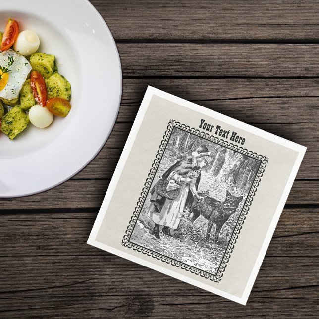 Riding Hood Wolf Talking in Woods Black White Napkin (Little red riding hood black white drawing with wolf in black frame on paper party napkins.)