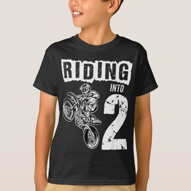 Riding Into 2 Years Old 2nd Birthday Boy Dirt Bike T-Shirt (Front)