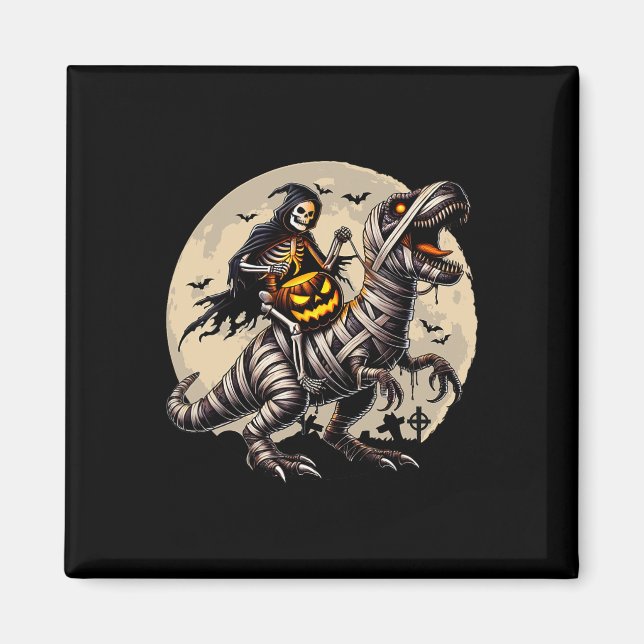 Riding Mummy Dinosaur T Rex Pumpkin Funny Hallowee Magnet (Front)