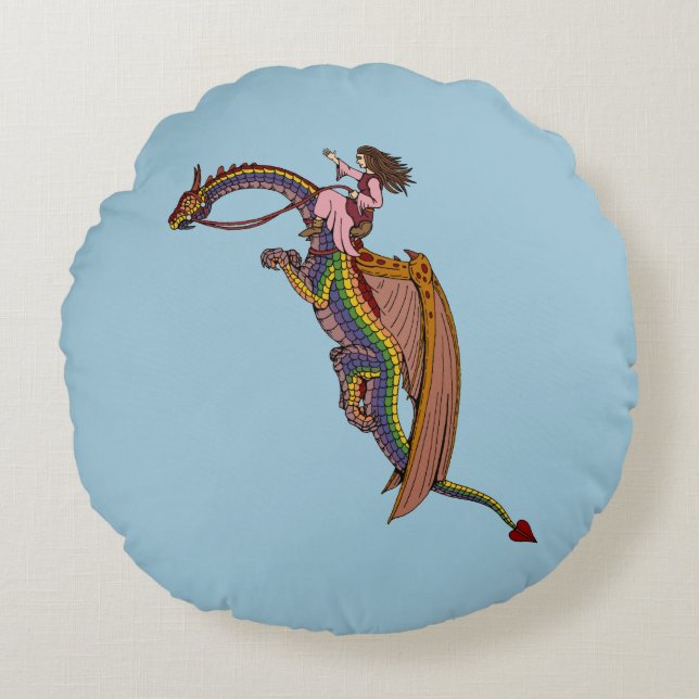 Riding the Rainbow Dragon Round Pillow (Front)