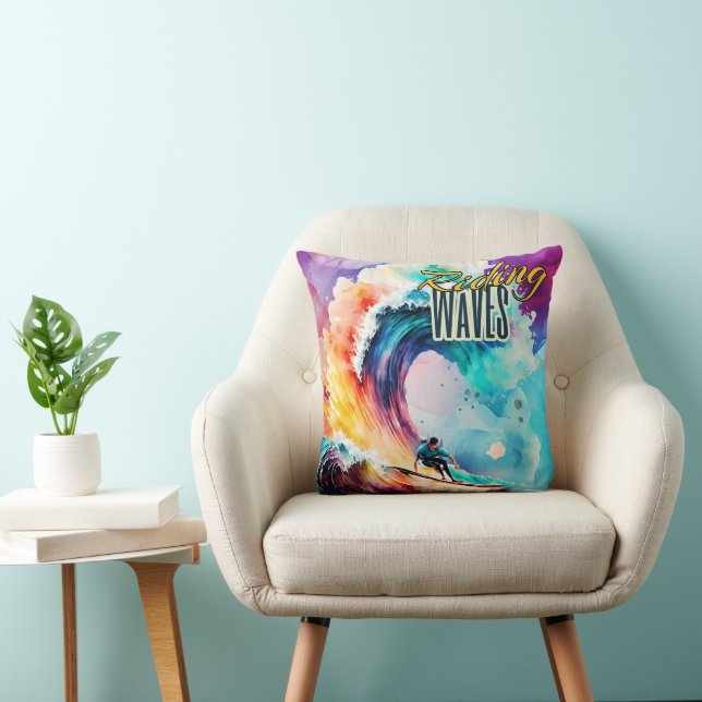 Riding Waves, Surfer in Colourful Ocean, Sporting Throw Pillow (Chair)