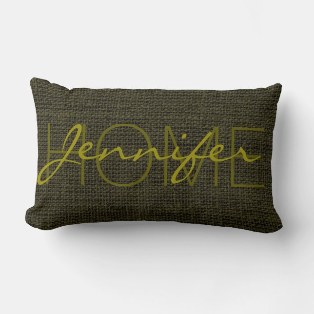 Rifle green Burlap Rustic Monogram Lumbar Pillow (Front)