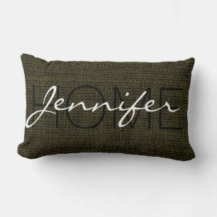 Rifle green Burlap Rustic Monogram Lumbar Pillow