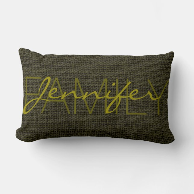 Rifle green Rustic Burlap Monogram Lumbar Pillow (Front)