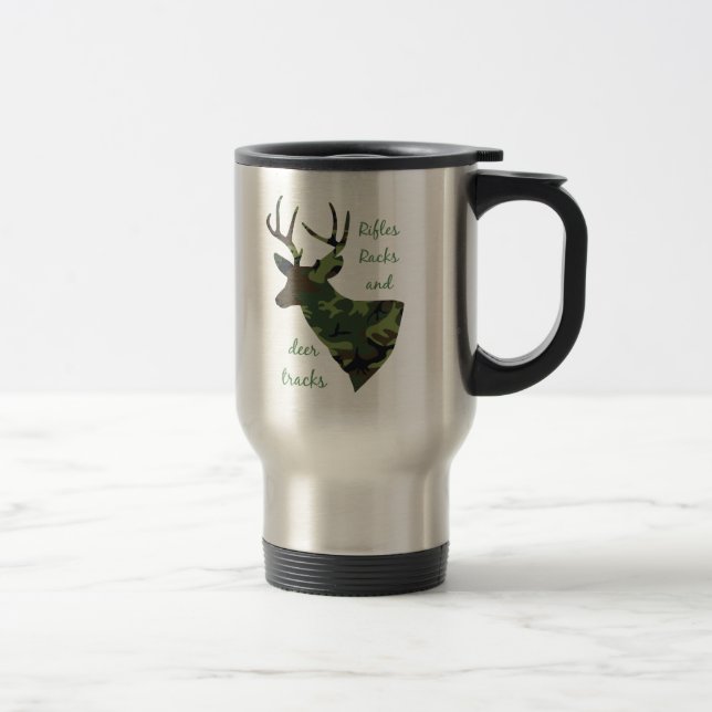 Rifles, Racks and Deer Tracks Camouflage Hunting Travel Mug (Right)