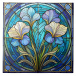 Right Floral Iris Art Nouveau Blue Green Retro Tile<br><div class="desc">Ceramic tile with an Art Nouveau-inspired botanical floral pattern imitating stained glass windows. It shows irises in tones paster yellows and blues on a of teal and blue background. Perfect for an elegant retro home decor. This is the right-tilted tile, which can be paired with the left-tilted tile for a...</div>