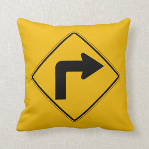 Right Turn, Traffic Warning Sign, USA Throw Pillow