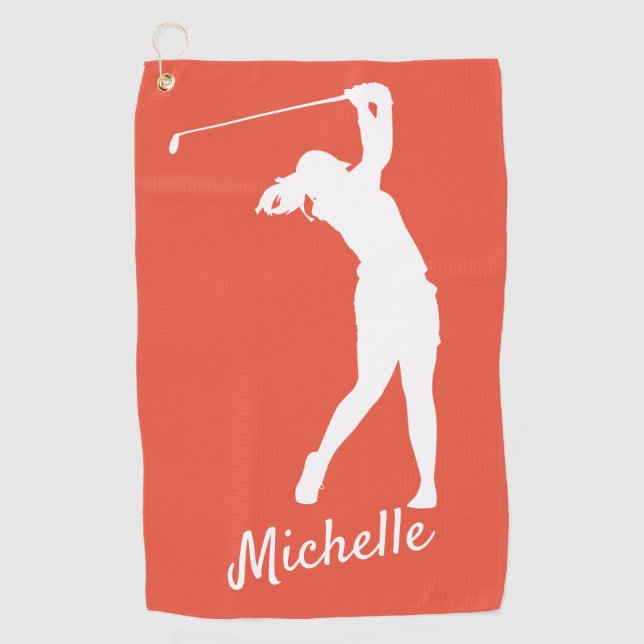Righthanded "golfer Michelle" orange red Golf Towel (Front)