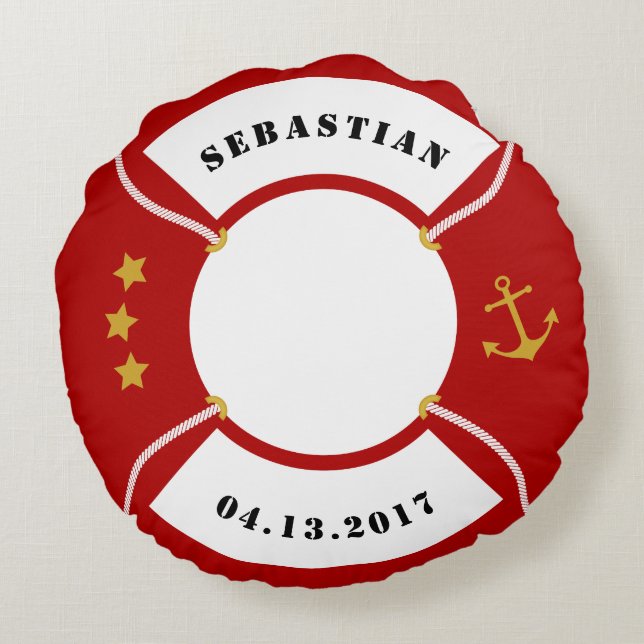 Ring Buoy Pillow, Lifebuoy, Red, White, Maritime Round Pillow (Back)