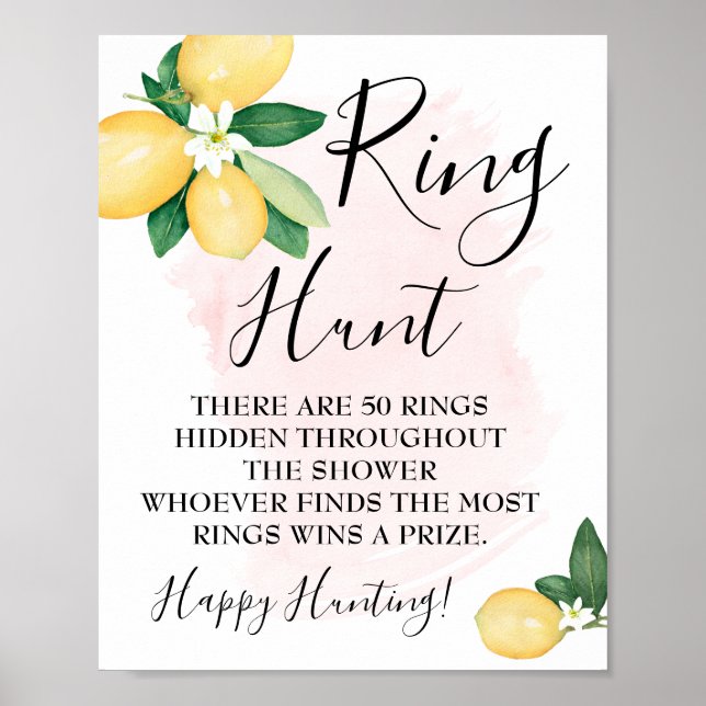 Ring Hunt Lemons Pink Bridal Shower Game sign (Front)