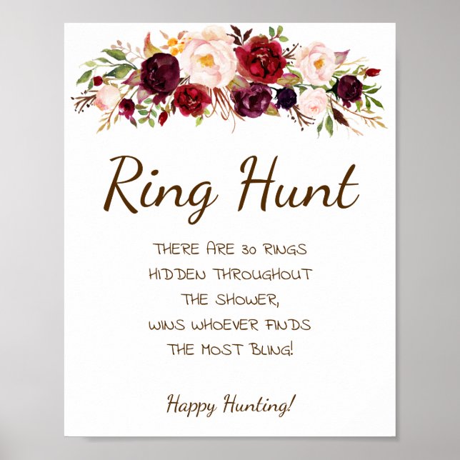 Ring Hunt Marsala Flowers Bridal Shower Game Sign (Front)