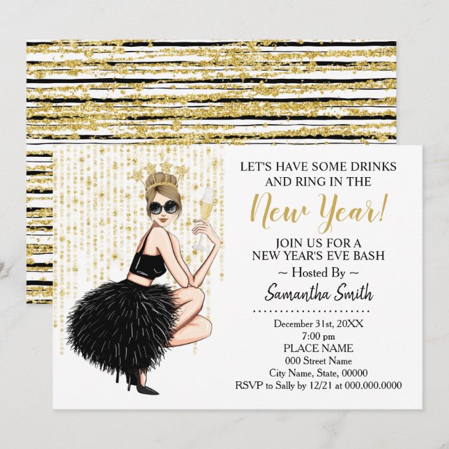 Ring In The New Year and Have a Drink Glitter Invitation (Front/Back)