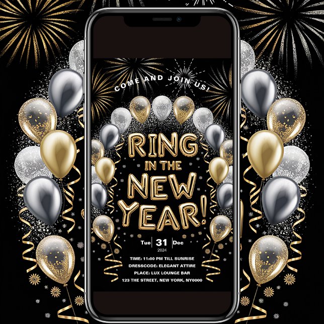Ring In The New Year Gold Balloon Party Invitation (Creator Uploaded)