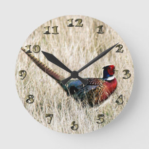 Ring Neck Pheasant in Meadow Round Clock