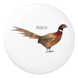 Ring-necked pheasant bird cartoon illustration ceramic knob