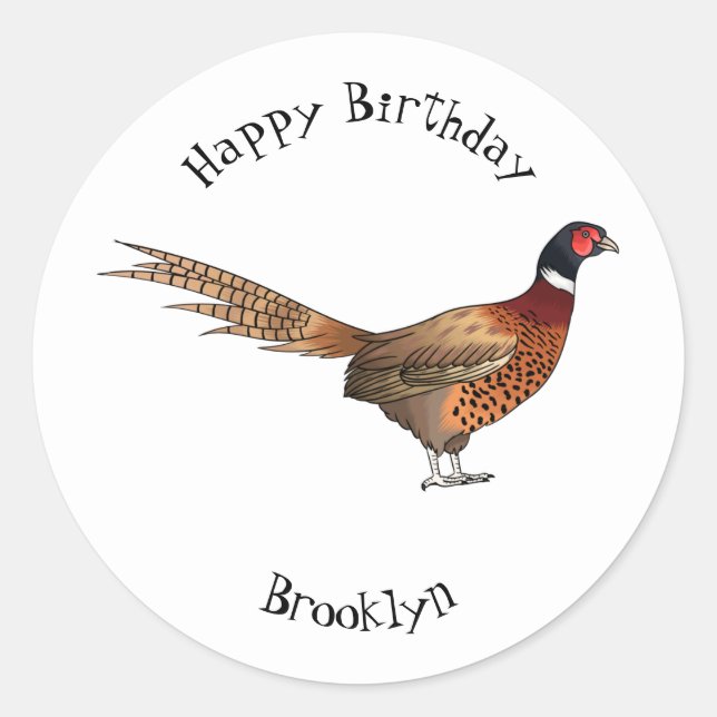 Ring-necked pheasant bird cartoon illustration  classic round sticker (Front)