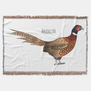 Ring-necked pheasant bird cartoon illustration  throw blanket