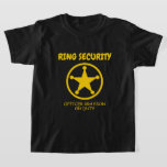 Ring security t shirt for wedding ring bearer kids<br><div class="desc">Ring security t shirt for wedding ring bearer kids. Cute tee for children in charge of guarding the rings. Fun yellow police star design for son,  grandson,  nephew,  baby,  daughter etc. Personalized with name of child.</div>