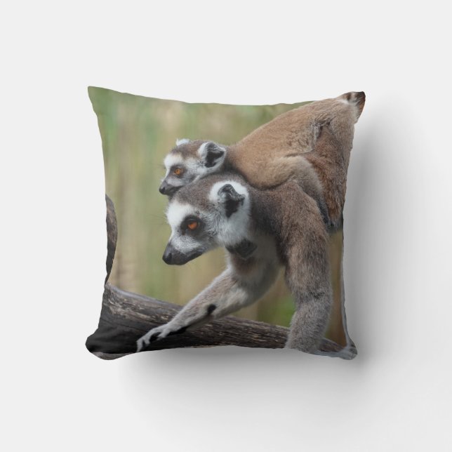 Ring-Tailed Lemur Mother And Baby Throw Pillow (Front)