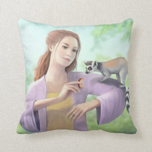 Ring-tailed Lemur with Girl Art Throw Pillow