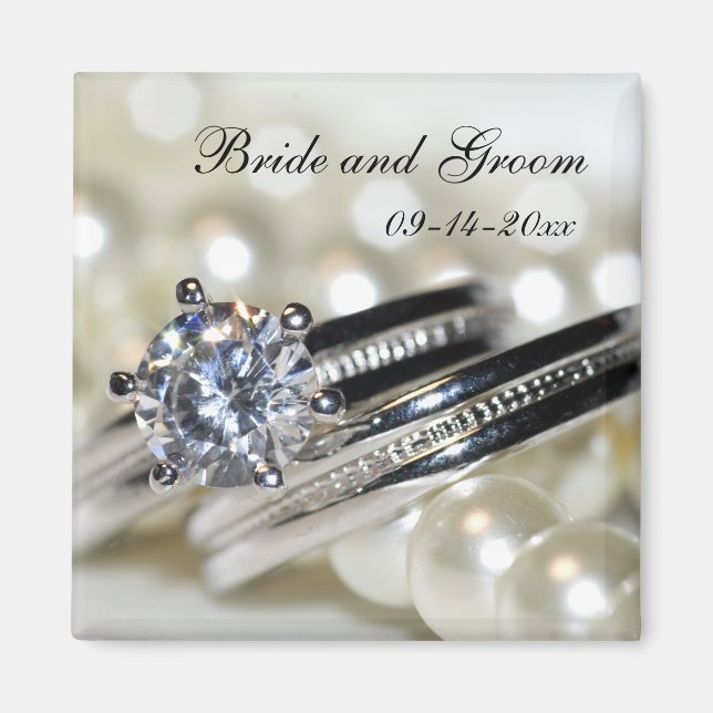 Rings and White Pearls Wedding Save the Date Magnet (Front)