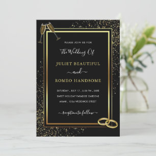 Rings Champagne Black Gold Wedding Invitation