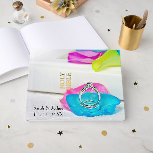 Rings On Rainbow Rose Petal with Bible Guest Book