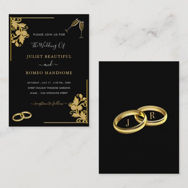 Rings Wedding Invitation - Floral Frame Champagne (Front/Back)