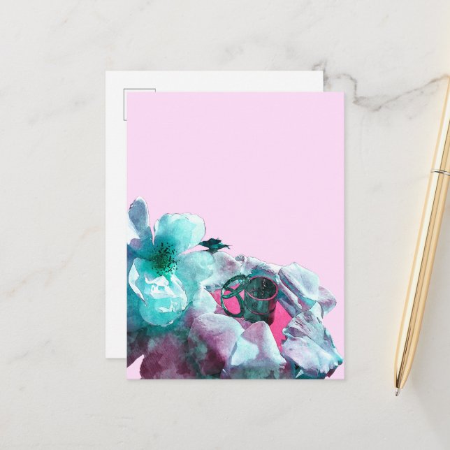 Rings with white rose petals announcement postcard (Front/Back In Situ)