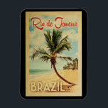 Rio de Janeiro Palm Tree Vintage Travel Magnet<br><div class="desc">A uniquely retro mid-century modern Rio de Janeiro Brazil art print in vintage travel poster style. It features a curved palm tree on sandy beach with ocean under a blue cloudy sky.</div>