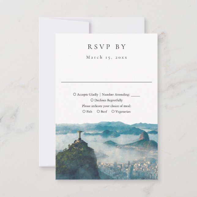 Rio de Janeiro Skyline Watercolor Wedding RSVP Card (Front)