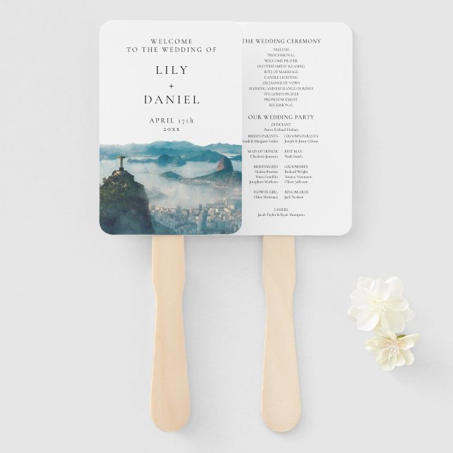 Rio de Janeiro Skyline Wedding Program Hand Fan (Front and Back)