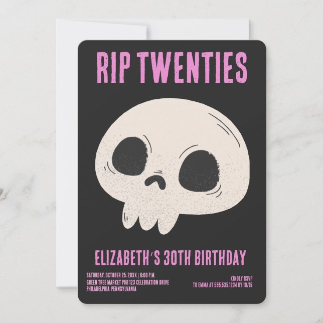 RIP 20s Black Pink Funny Skull 30th Birthday Party Invitation (Front)