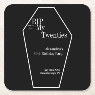 RIP 20s Gothic 30th Birthday Party Black and White Square Paper Coaster