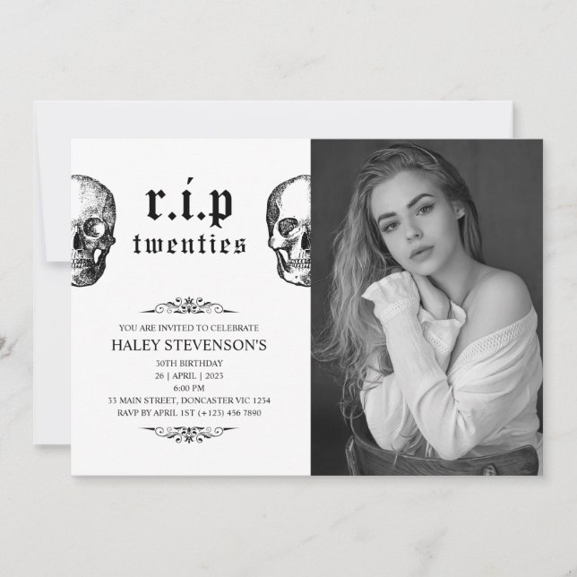 RIP 20s Twenties Funeral Skull 30th Birthday Photo Invitation (Front)