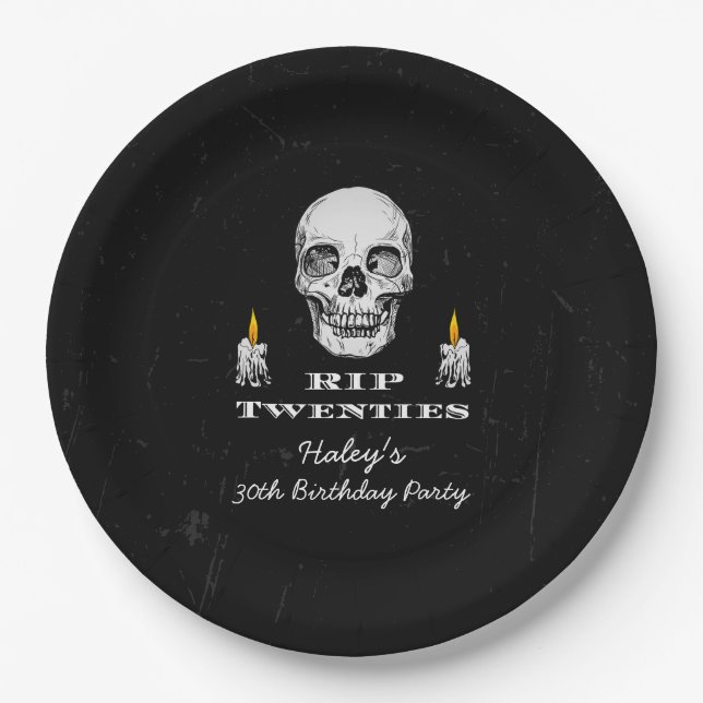 RIP 20s Twenties Skull Gothic Black 30th Birthday Paper Plate (Front)