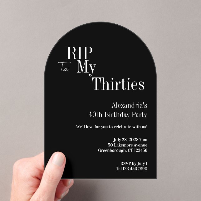 RIP 30s 40th Birthday Black and White Party Acrylic Invitations (Insitu (Handheld))