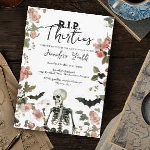 RIP 30s Skeleton Pink Floral 40th Birthday Party Invitation