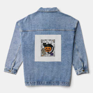 Rip Halloween Black Cat Pumpkin Tombstone Cauldron Denim Jacket
