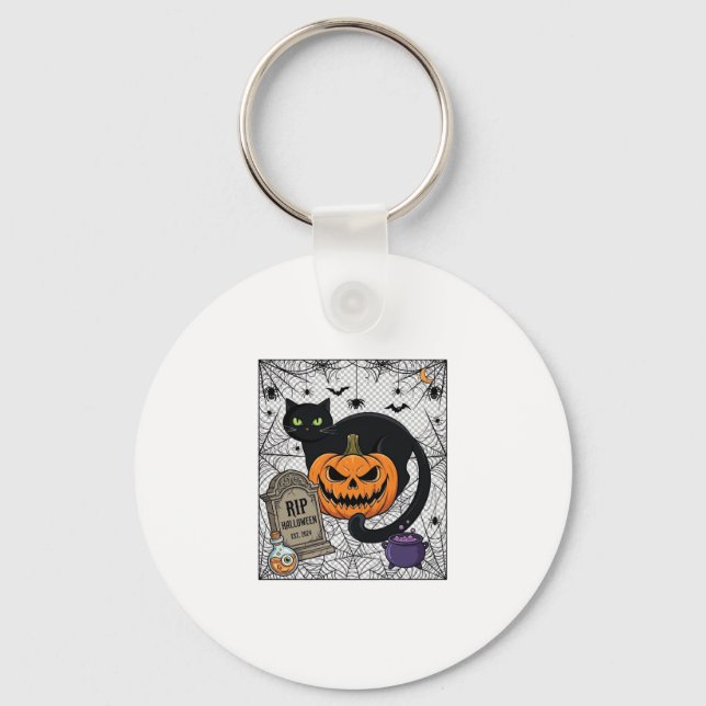 Rip Halloween Black Cat Pumpkin Tombstone Cauldron Keychain (Front)