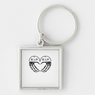 Rip Heart Shaped Gravestone Skeleton Hands Keychain