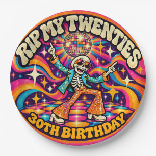 RIP My Twenties Retro Disco Skeleton 30th Birthday Paper Plate