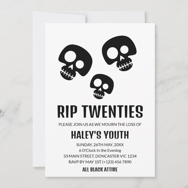 RIP Twenties 20s Skull Funny Funeral 30th Birthday Invitation (Front)