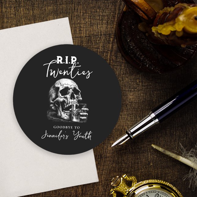 RIP Twenties Black Skull 30th Birthday Party Round Paper Coaster (Creator Uploaded)