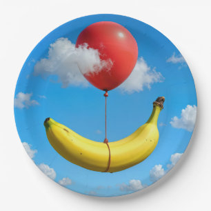Ripe Banana Floating In Sky with Red Balloon Paper Plate