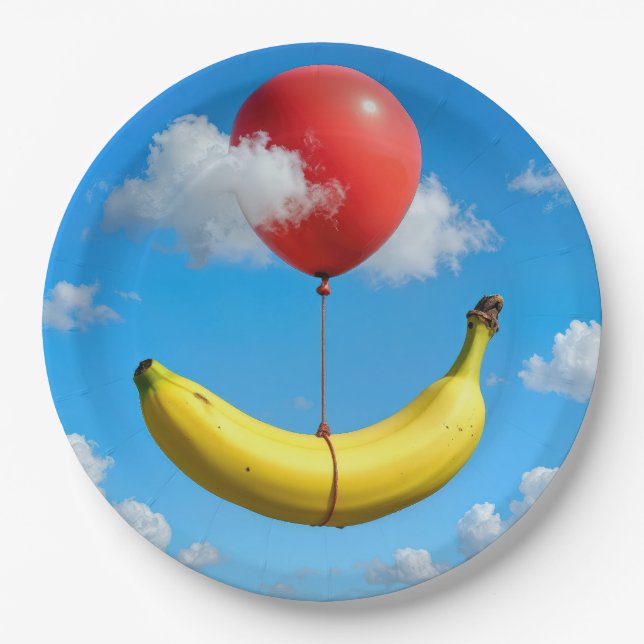 Ripe Banana Floating In Sky with Red Balloon Paper Plate (Front)