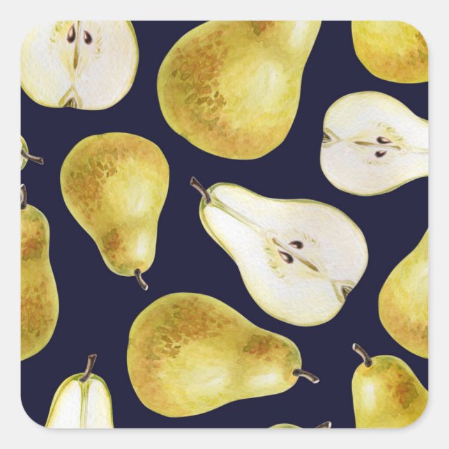 Ripe pear, black background, garden art square sticker (Front)