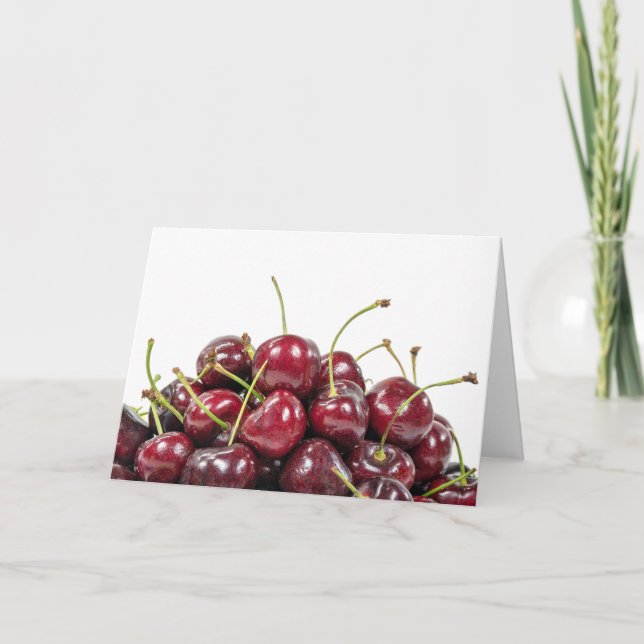 ripe red cherry pile on white card (Front)